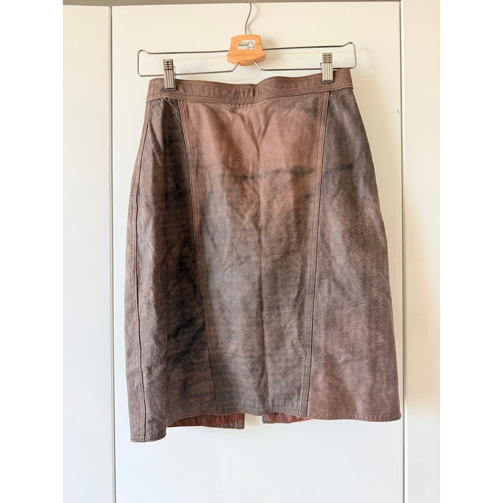90s Genuine Leather Pencil Skirt Vintage Snap-Front Moto Y2K Brown Sz 9/10